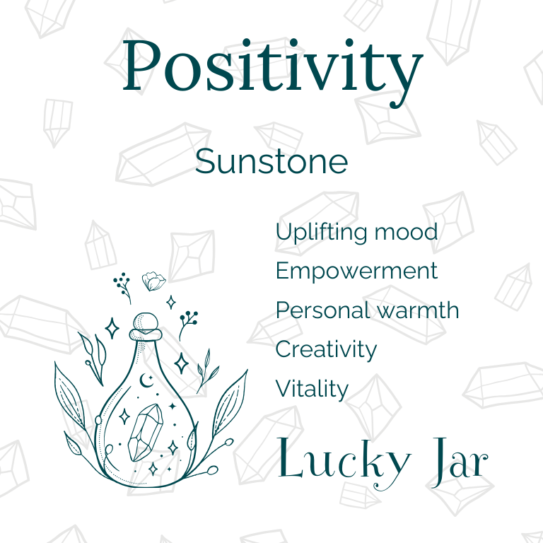 Square white card with dark green text, labelled "Positivity", and the word Sunstone under it, suggesting that Sunstone brings positivity to the bearer. Words are listed to describe other benefits of sunstone. They are uplifting mood, empowerment, personal warmth, creativity and vitality. On the left of the card there is the image of a stylish apothecary bottle with a crystal in the centre, moon and stars around the crystal, and foliage on the outside of the bottle, creating a frame around it.