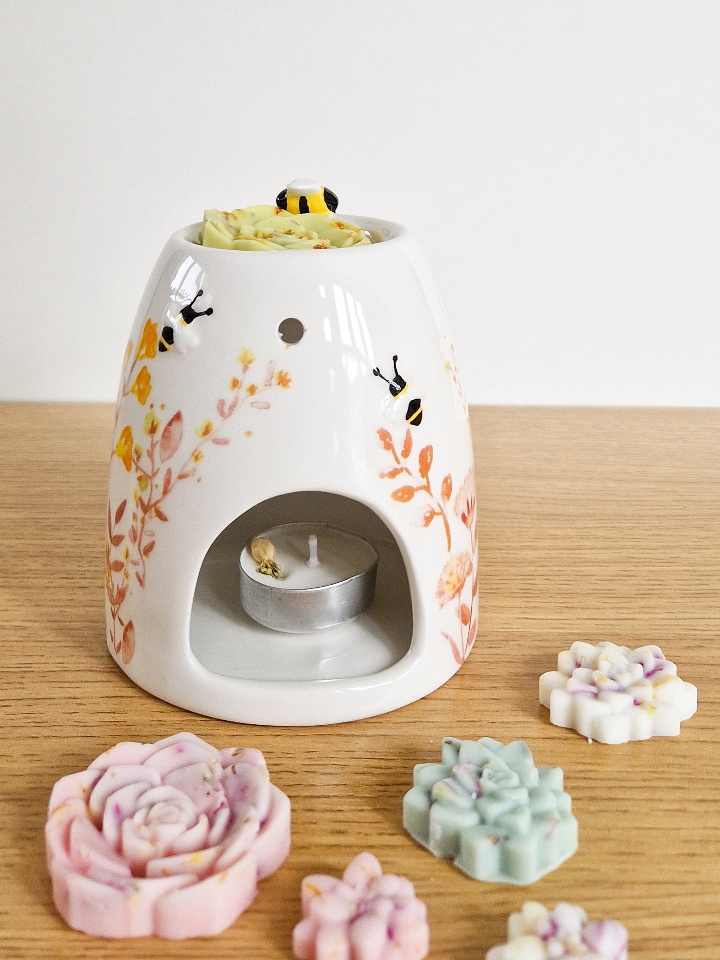 Floral Ceramic Oil Burner and Wax Melt Warmer with Little Bees
