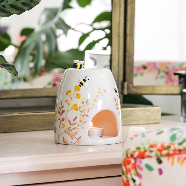 Floral Ceramic Oil Burner and Wax Melt Warmer with Little Bees